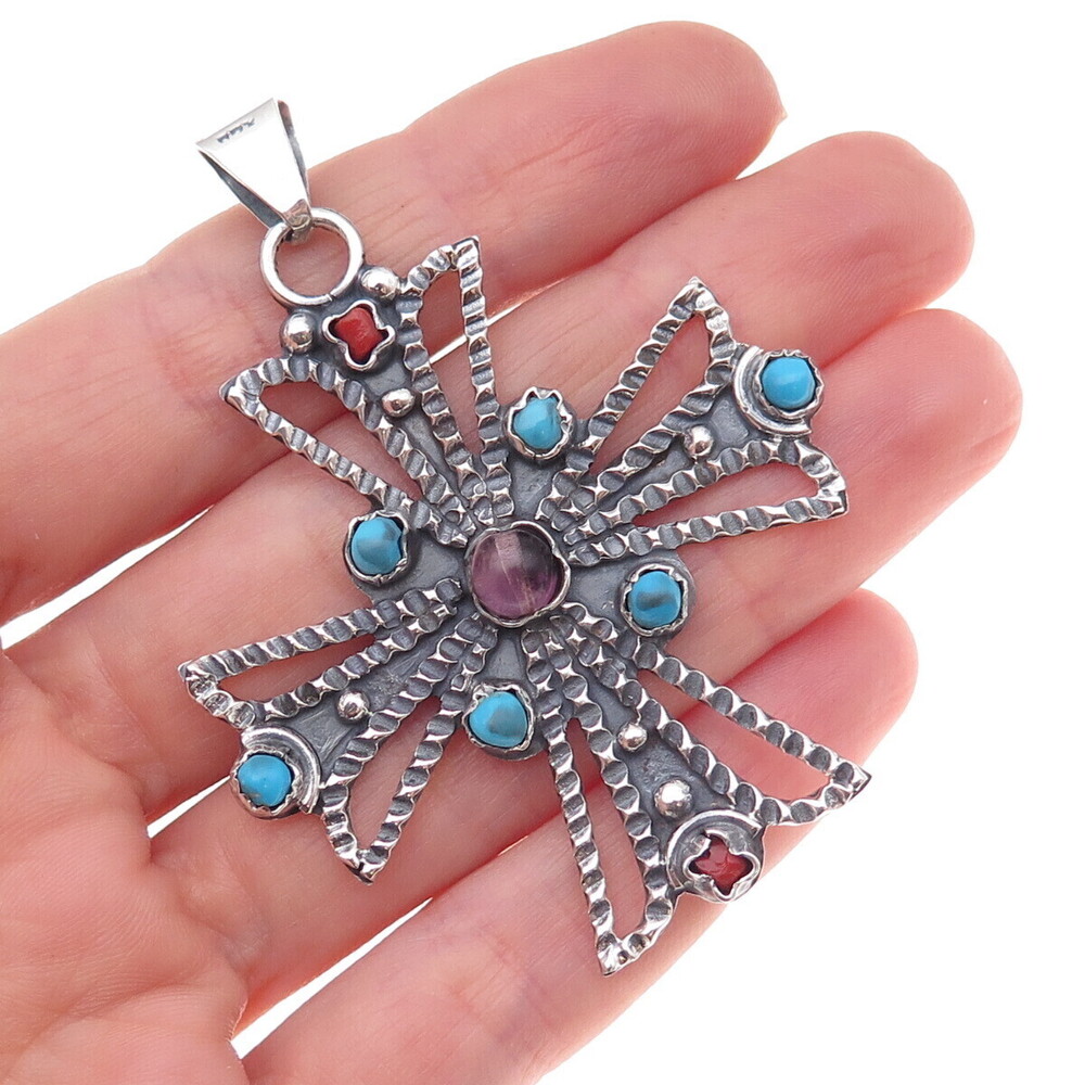 925 Sterling Silver Vintage Mexico Real Amethyst Turquoise & Coral Cross Pendant